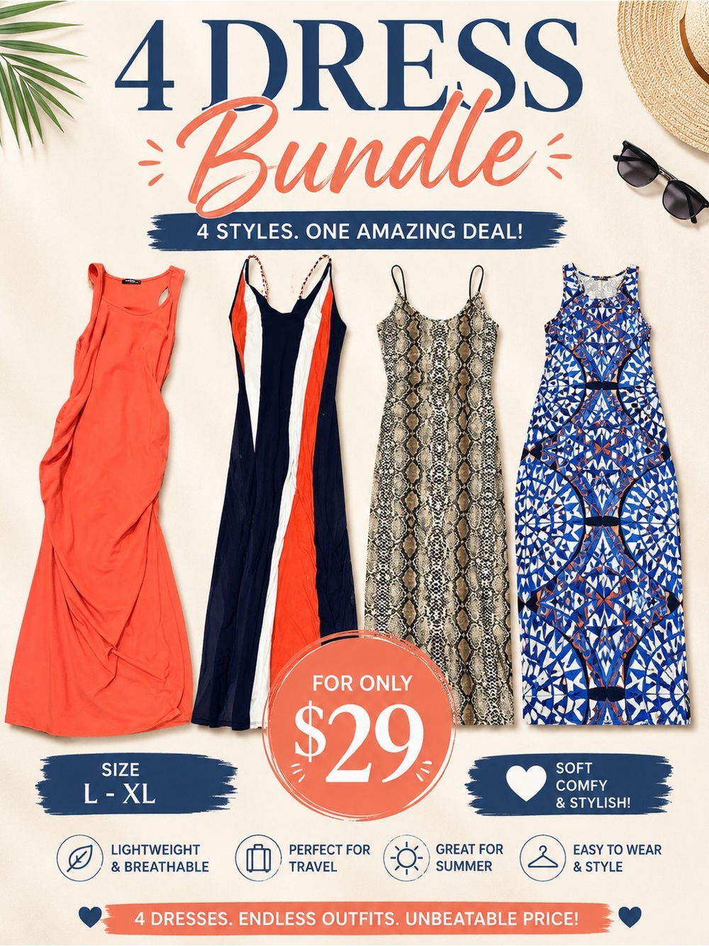 Women’s Large - XL Dress Bundle Slinky Y2K Stretchy Pull On Dresses 4 Dresses